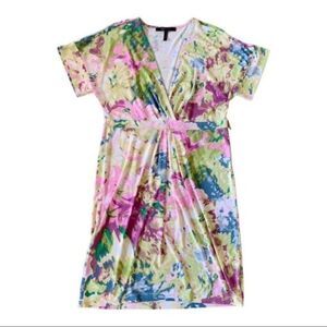 BCBGMAXAZRIA Avery Faux Wrap Dress Size Medium Floral Green Pink Purple